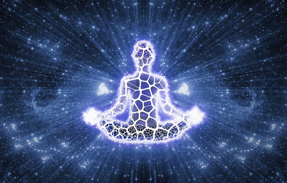 A person meditating in a cosmic environment, surrounded by radiating light and star-like patterns, symbolizing inner peace and connection to the universe.